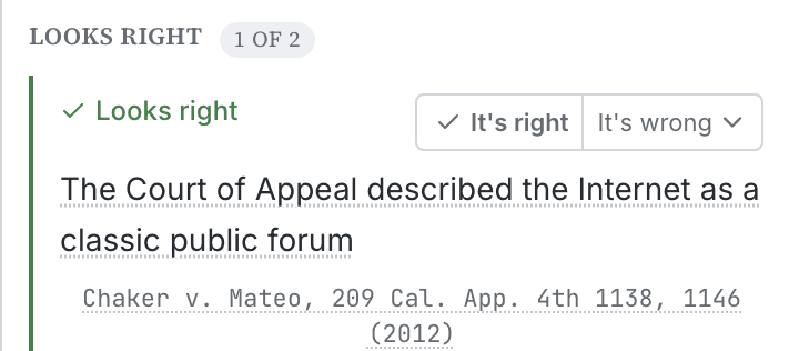The citation panel on a real draft: one line supported by the source that was opened, and one marked as never checked.