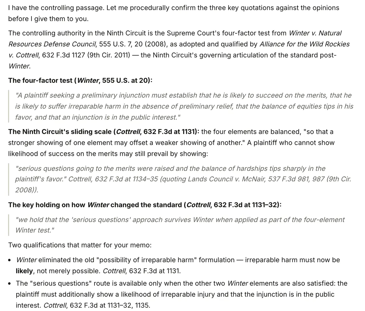 A research answer in the chat. It names the controlling authority, sets out the four-factor test as a block quotation with the pincite, then the circuit's own gloss on it as a second quotation, then two qualifications that matter for the draft, each with the page it came from. A closing line says the quoted passages were checked word for word against the opinions.