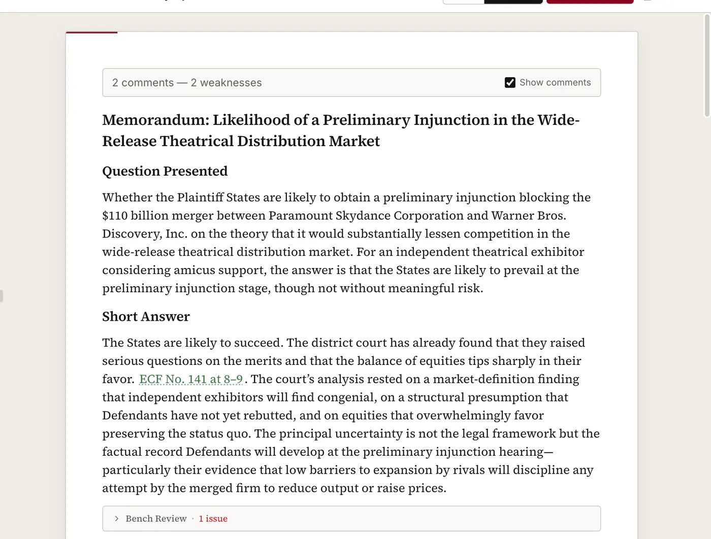 A drafted memorandum open on its own paper page: heading, Question Presented and Short Answer in pleading form, with a record citation tinted green inside the prose where the check located the passage it rests on. A comments strip above the page reports two comments on two weaknesses Lexa flagged in its own draft.