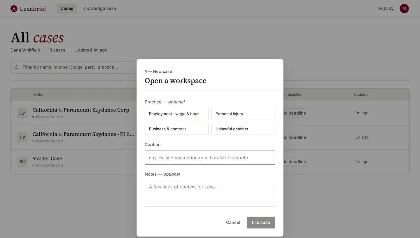 The New case dialog open over the matter list. It offers four practice templates (employment wage and hour, personal injury, business and contract, unlawful detainer), a Caption field for the case name, and an optional Notes field described as a few lines of context for Lexa.