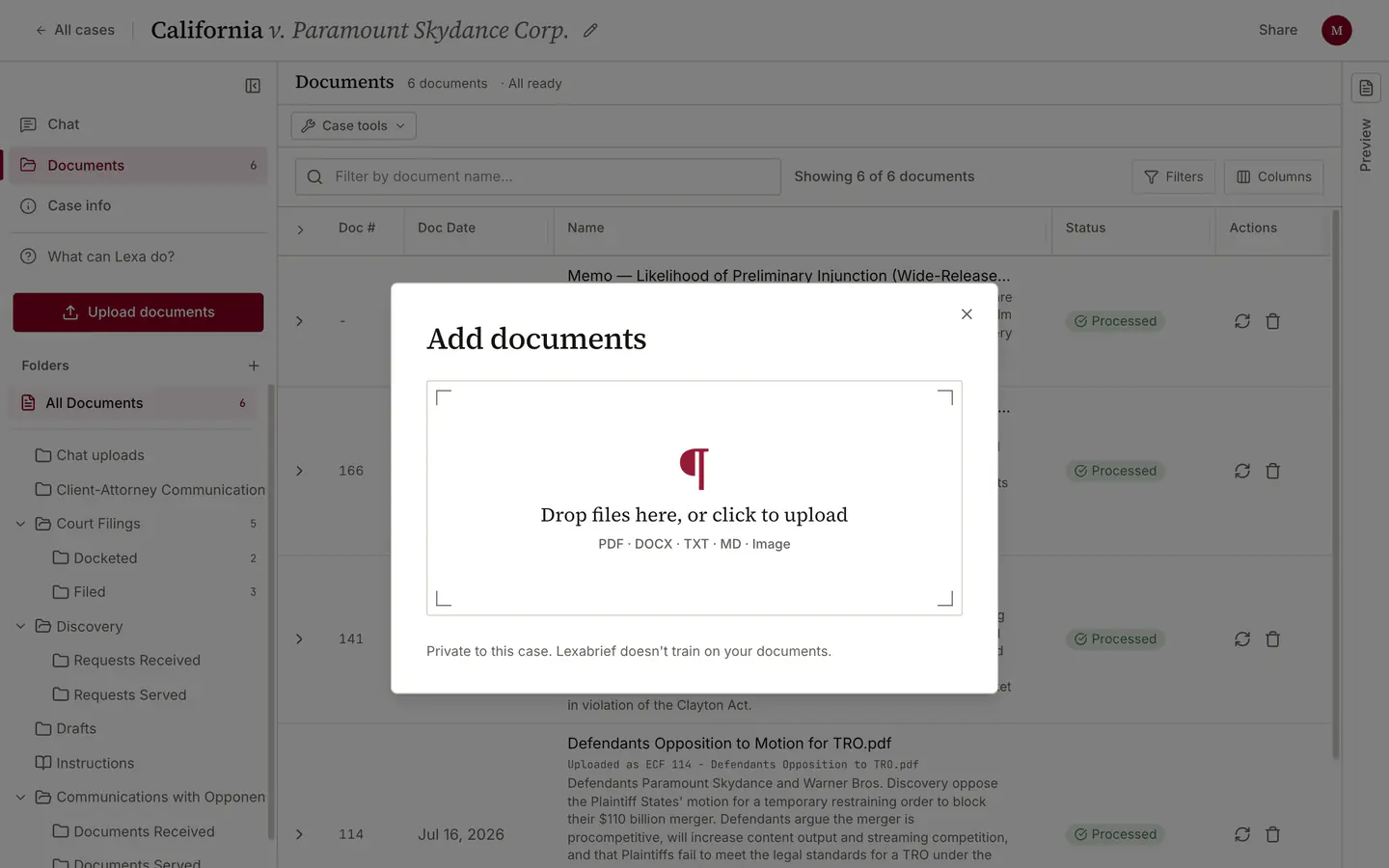 The Add documents dialog open over a case's Documents view. A large drop zone reads "Drop files here, or click to upload" and lists the accepted kinds underneath: PDF, DOCX, TXT, MD and image. A line below the zone says the files are private to this case and that Lexabrief does not train on them.