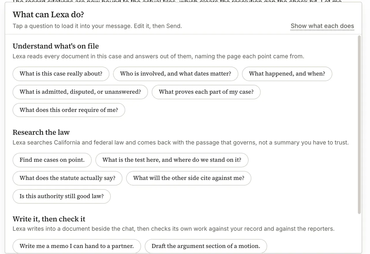 The capability picker, opened from the case sidebar and anchored just above the message box. It says "Tap a question to load it into your message. Edit it, then Send." Under it are three groups of questions in a lawyer's own words: understanding what is on file, researching the law, and writing then checking a draft.