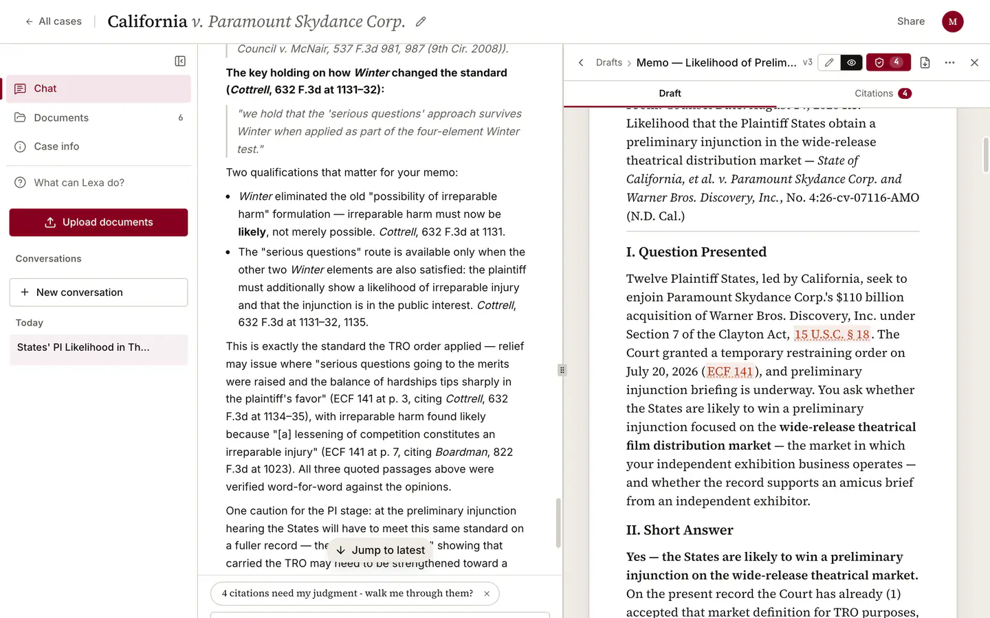 A case workspace with the conversation on the left and a finished memorandum open on the right as a paper page. The memo carries a caption, a Question Presented and a Short Answer; two of its citations are tinted amber where the check has something to say about them. The panel header offers Draft and Citations tabs, and the Citations tab carries a count of four.