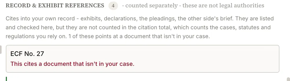 The record and exhibit references section of a review, headed "Record & exhibit references" and stating that one of the four points at a document that is not in the case. Under it, a single card names that citation, "ECF No. 27", above the sentence "This cites a document that isn't in your case."